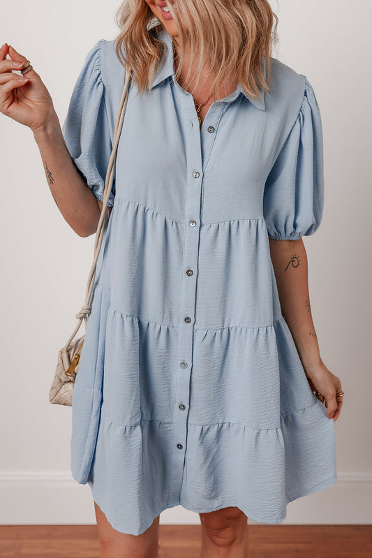 Shirt Collar Button Up Puff Sleeve Tiered Dress