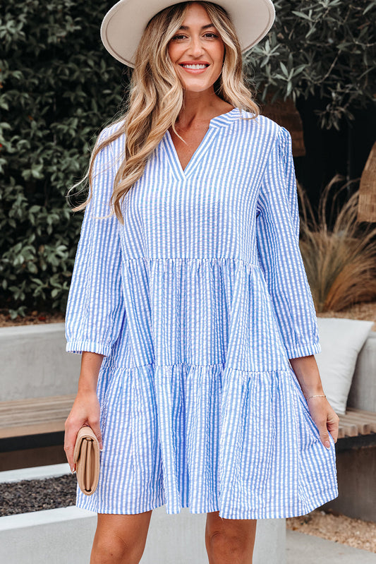 Stripe Bracelet Sleeve Tiered Dress with Pockets