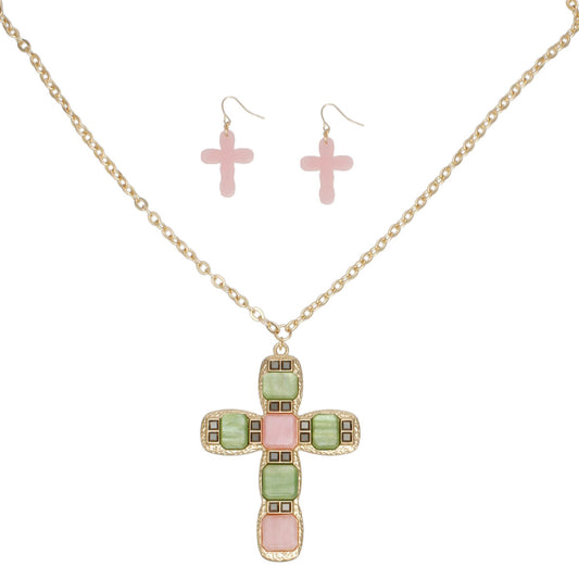 AKA Pendant Pink Green Cross Gold Chain Necklace