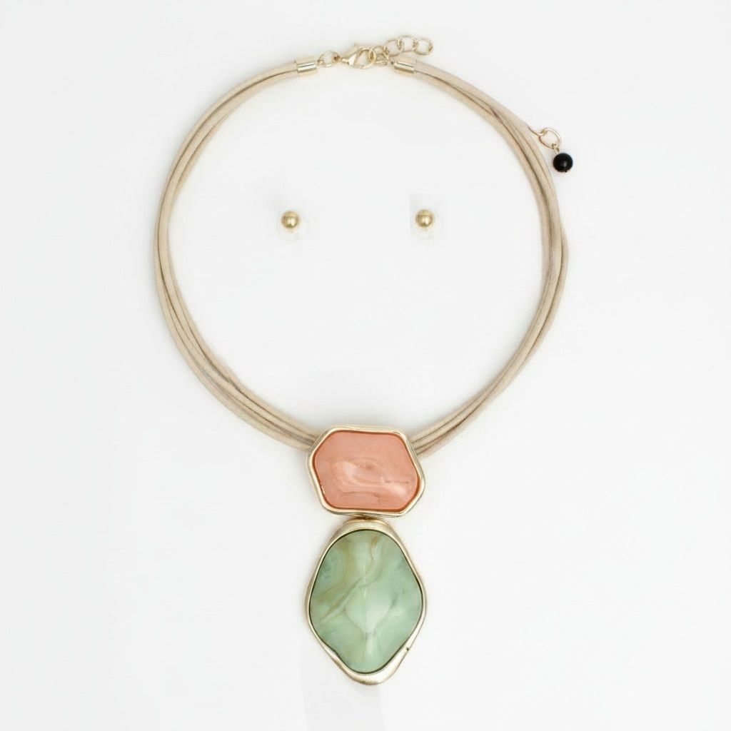 AKA Pink Green Dimensional Leather Necklace