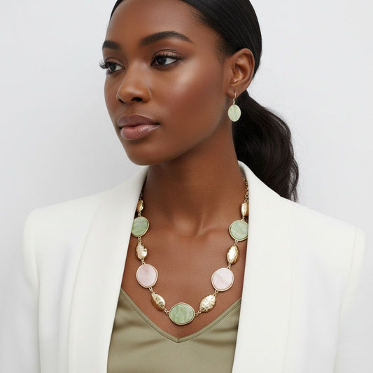 AKA Pink and Green Long Gold Linked Necklace