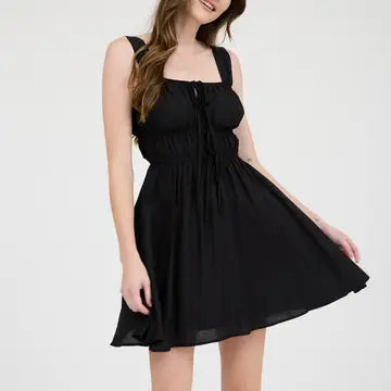 Black Front Tie Gathered Waist Sleeveless Mini Dress