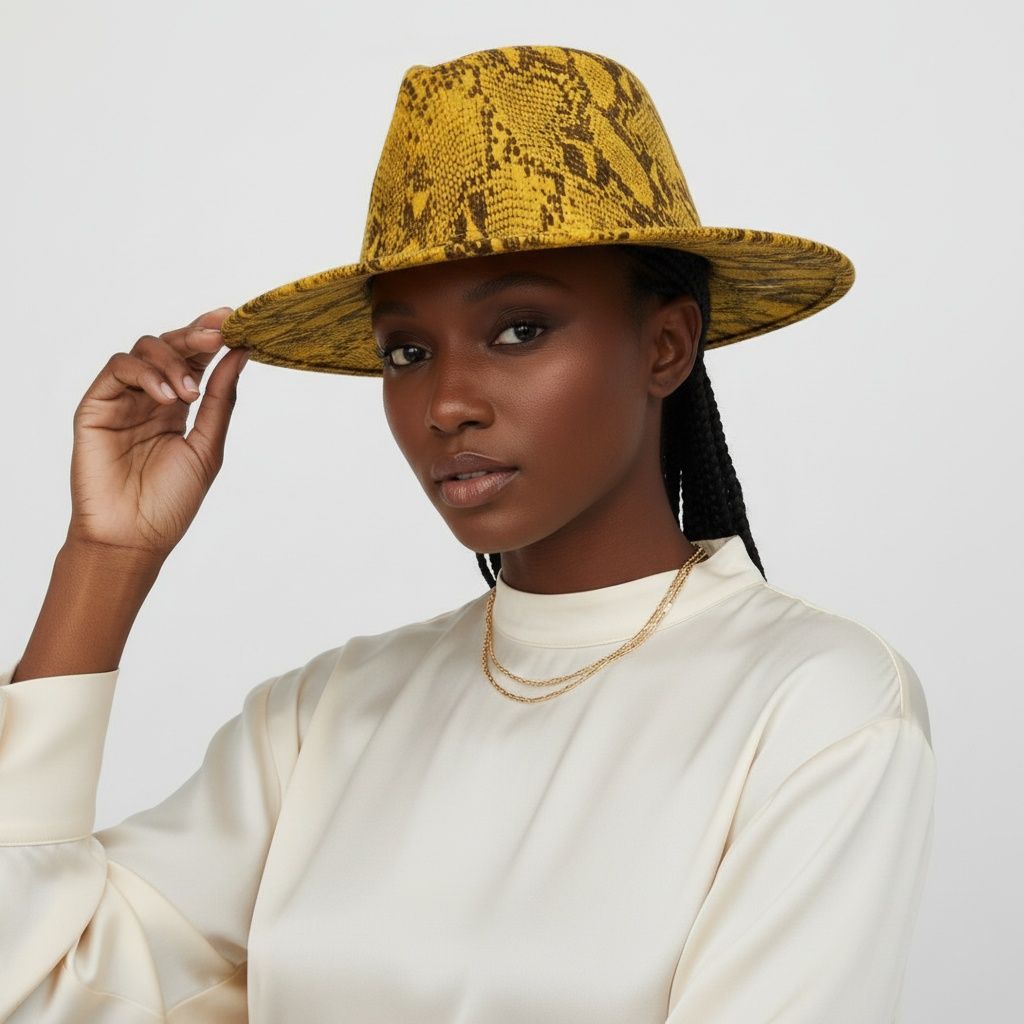 Fedora Mustard Yellow and Brown Snake Print Hat