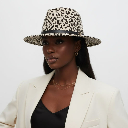 Fedora Beige Ivory With Black Leopard Print Hat