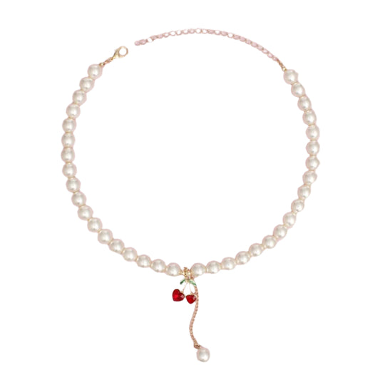 Charm Cream Pearl Cherry Red Heart Necklace Women