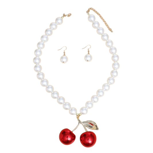 Pearl Necklace Cream Cherry Drop Pendant Necklace