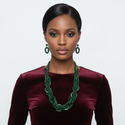 Long Green Wood Bead Earthy Energy Necklace