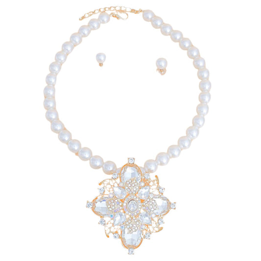Pearl Necklace Cream Crystal Pendant Set for Women