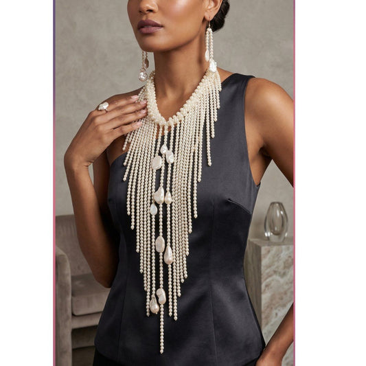Baroque Cream Pearl Long Fringe Bib Necklace