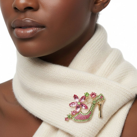 Brooch AKA Pink Green Crystal High Heel Flower Pin