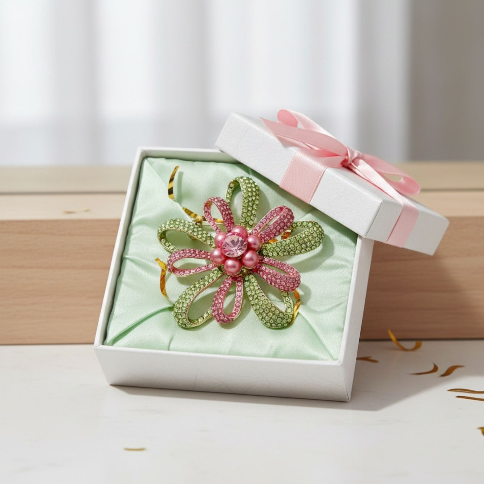 Brooch Large Pink Green Stone Loop Pearl Pin