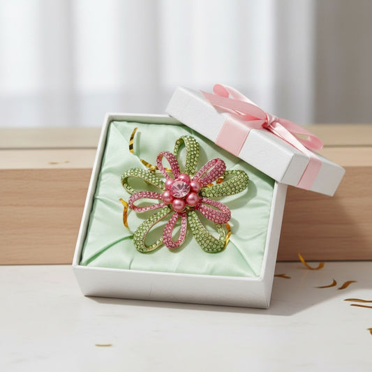 Brooch Large Pink Green Stone Loop Pearl Pin