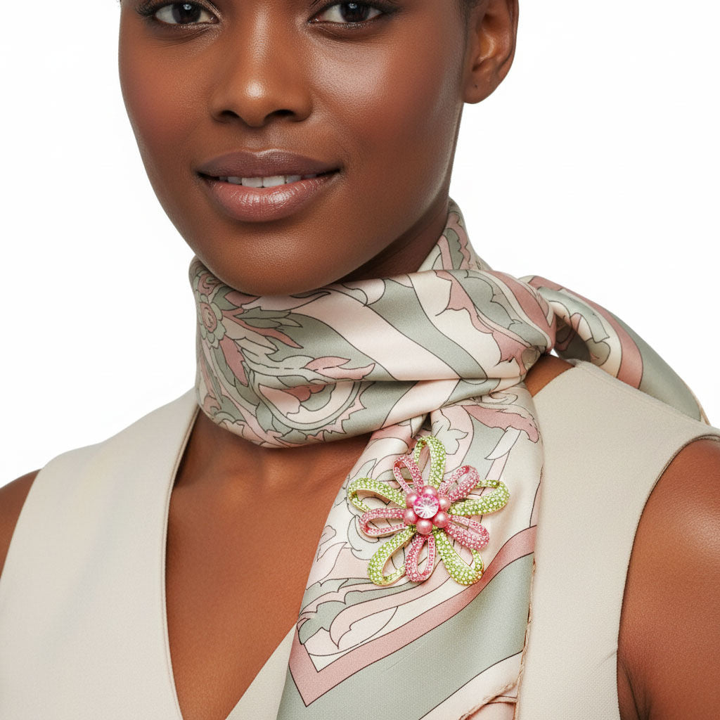 Brooch Large Pink Green Stone Loop Pearl Pin