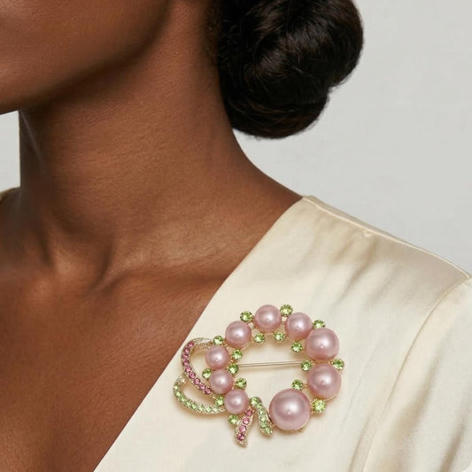 AKA Pink Pearl Wreath and Rhinestone Ribbon Brooch