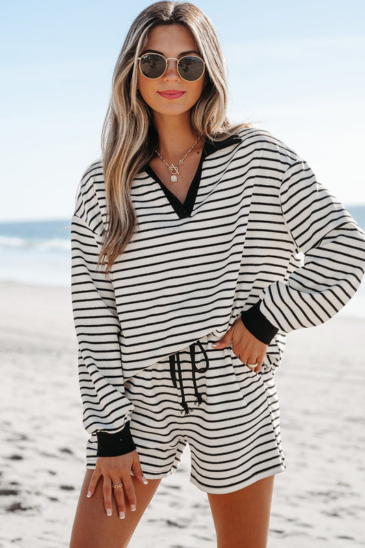Stripe Collared Top and Drawstring Shorts Set