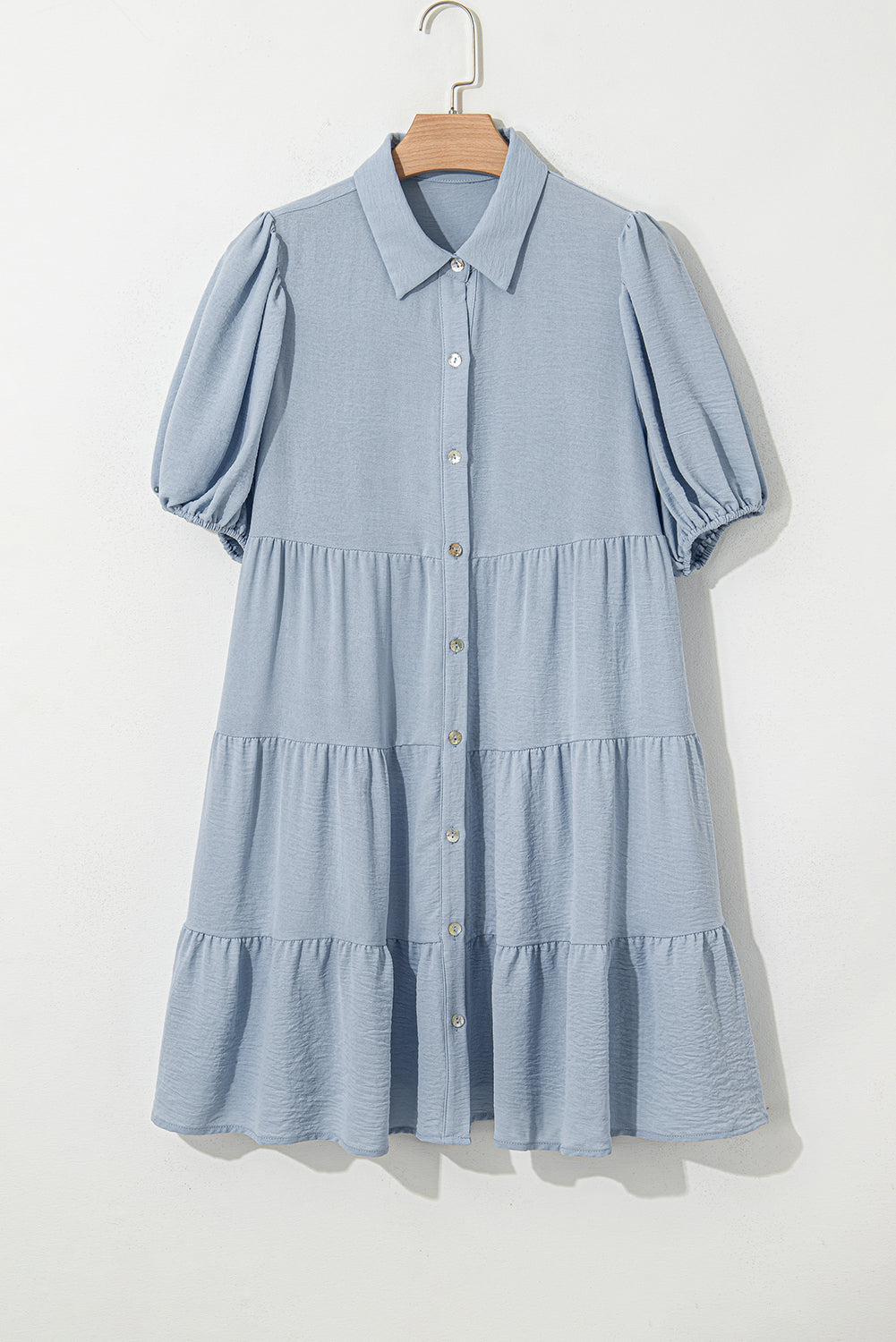 Shirt Collar Button Up Puff Sleeve Tiered Dress