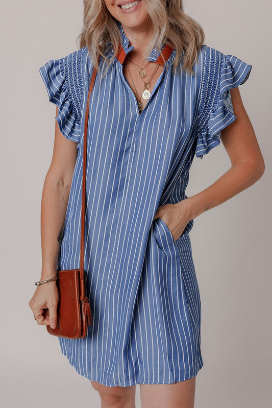 Stripe Frilly Split Neck Shirred Ruffle Sleeve Dress