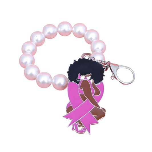 Keychain Silver Pink Ribbon Diva Pearl Wristlet