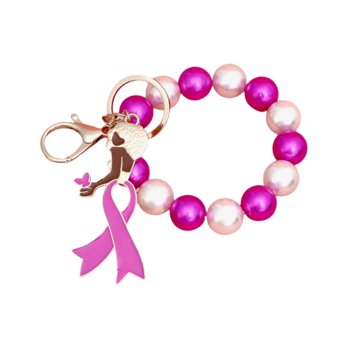 Keychain Gold Pink Ribbon Mixed Pearl Wristlet