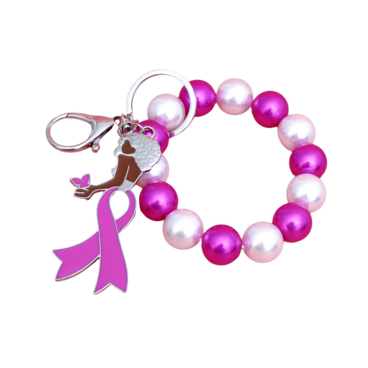 Keychain Silver Pink Ribbon Mixed Pearl Wristlet