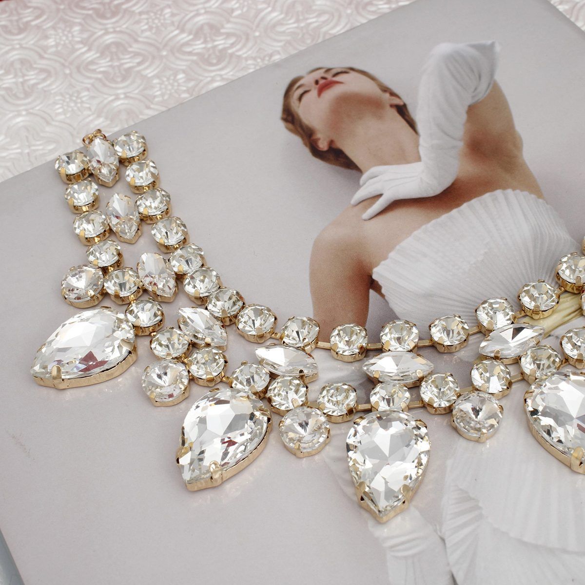 Formal Brilliant Gold Teardrop Crystal Necklace