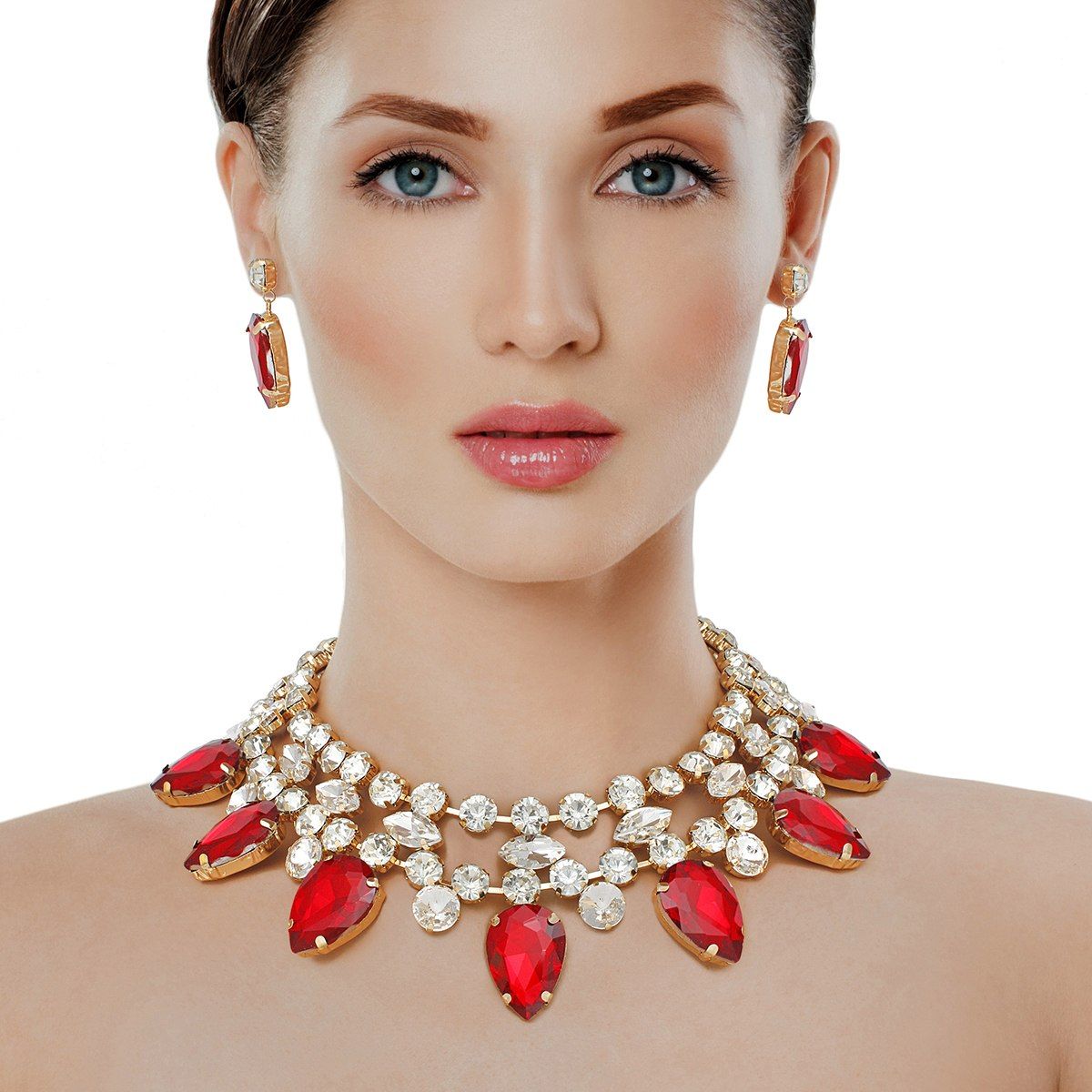 Formal Brilliant Red Teardrop Crystal Necklace