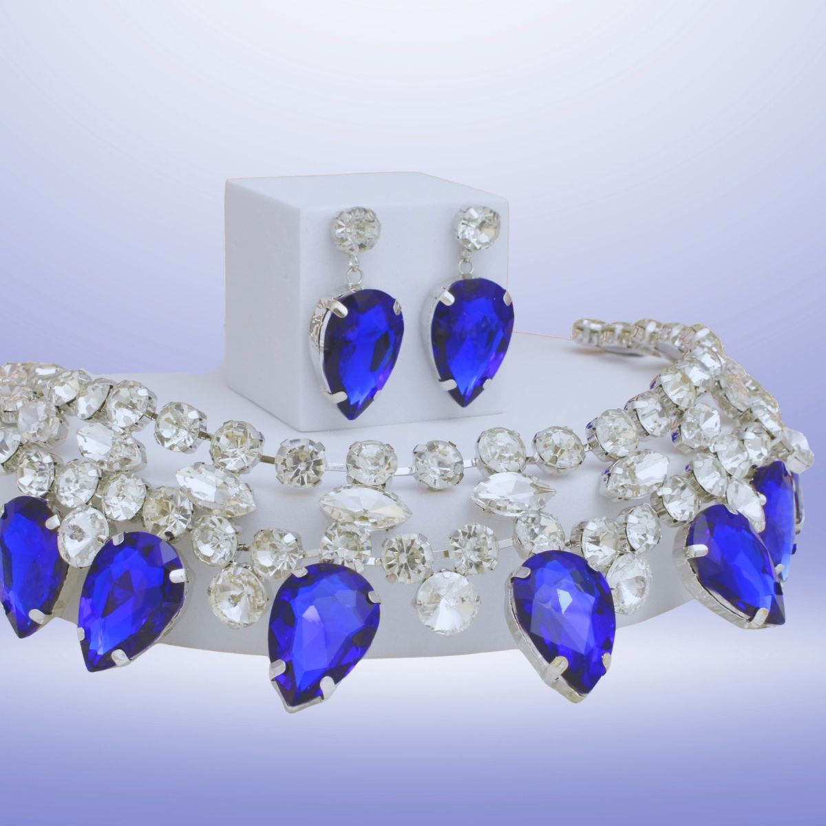 Formal Brilliant Blue Teardrop Crystal Necklace