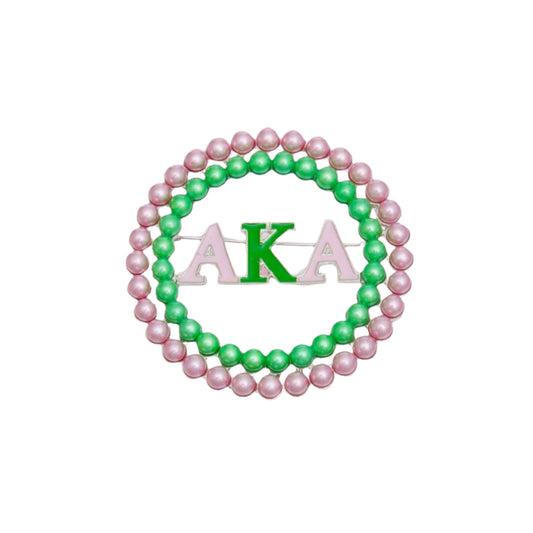 AKA Sorority Brooch Pink Green Pearl Round Pin