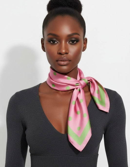 Pink and Green Polka Dot Silky Square Scarf AKA