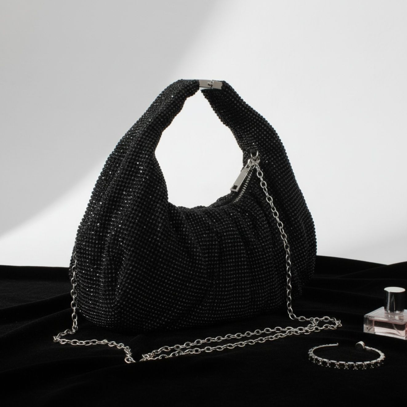 Clutch Premium Black Rhinestone Mesh Hobo Bag