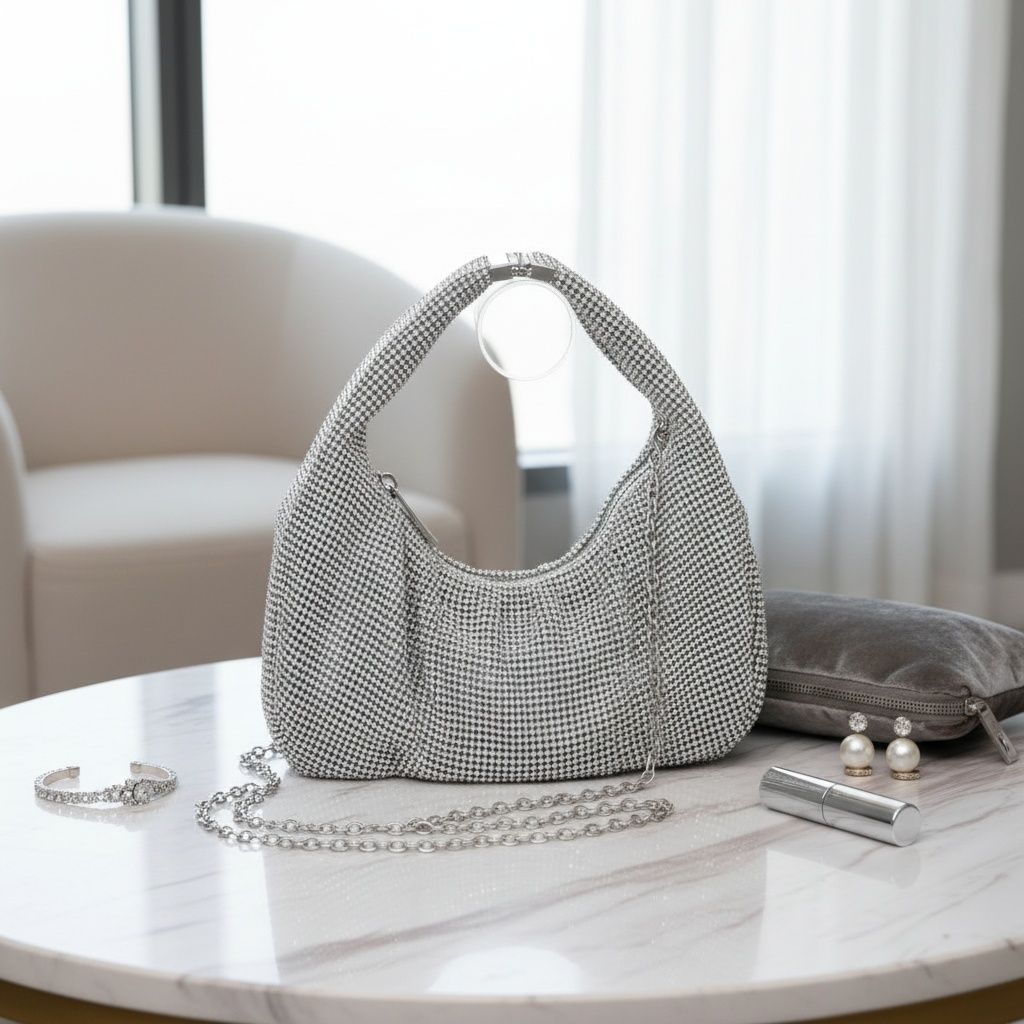 Clutch Premium Silver Rhinestone Mesh Hobo Bag
