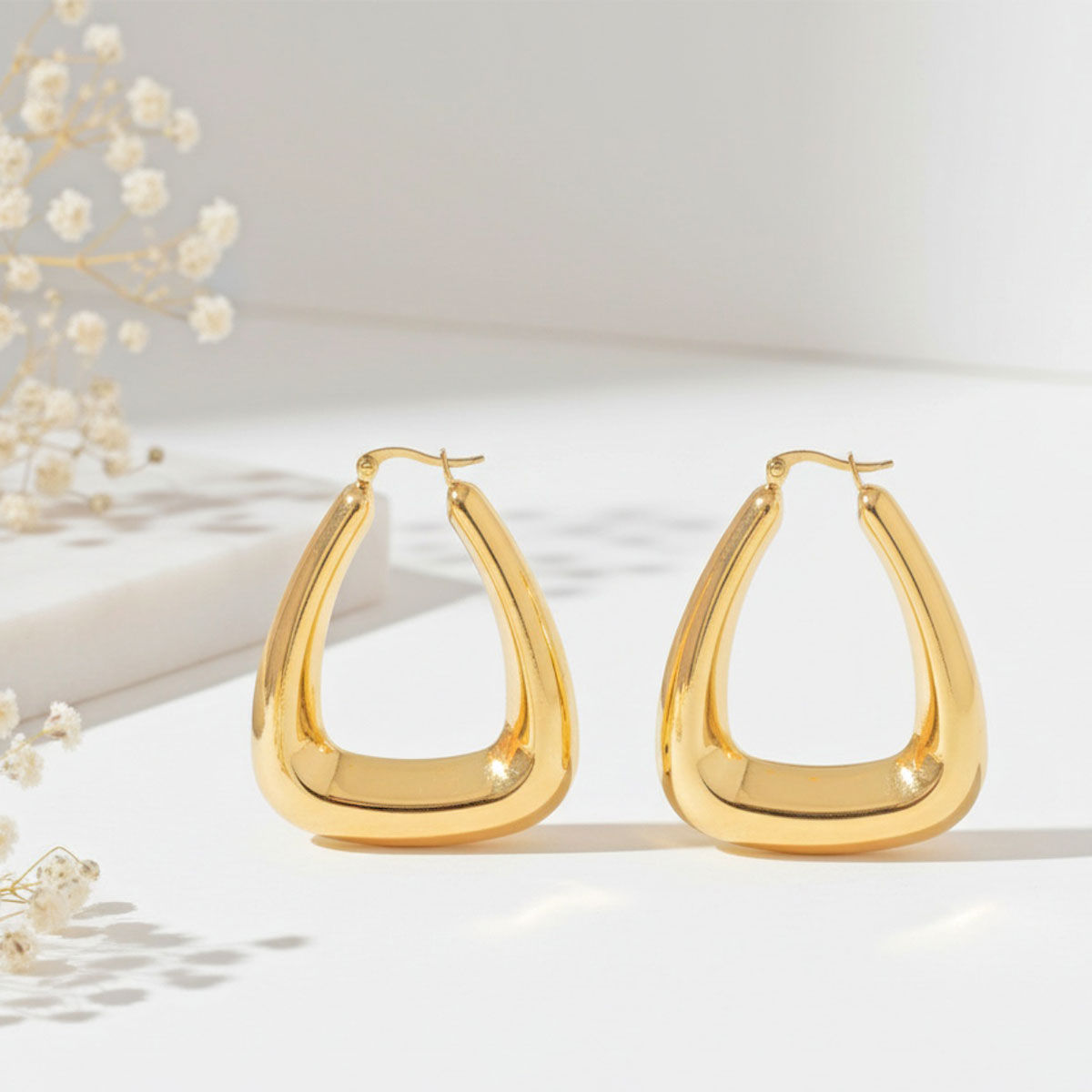 Hoop 18K Gold Steel Trapezoid Thick Earrings