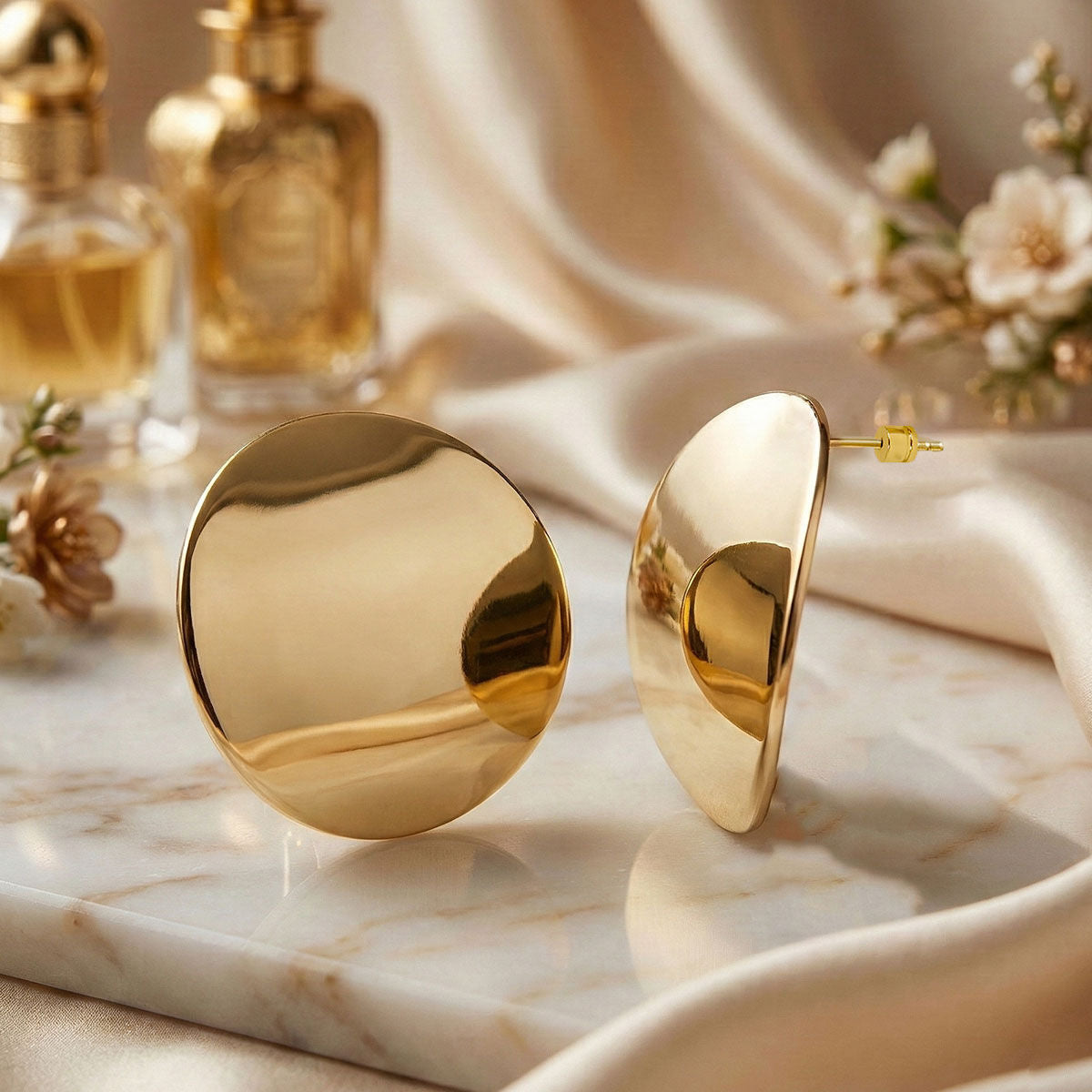 Stud 18K Gold Steel Curved Round Disc Earrings