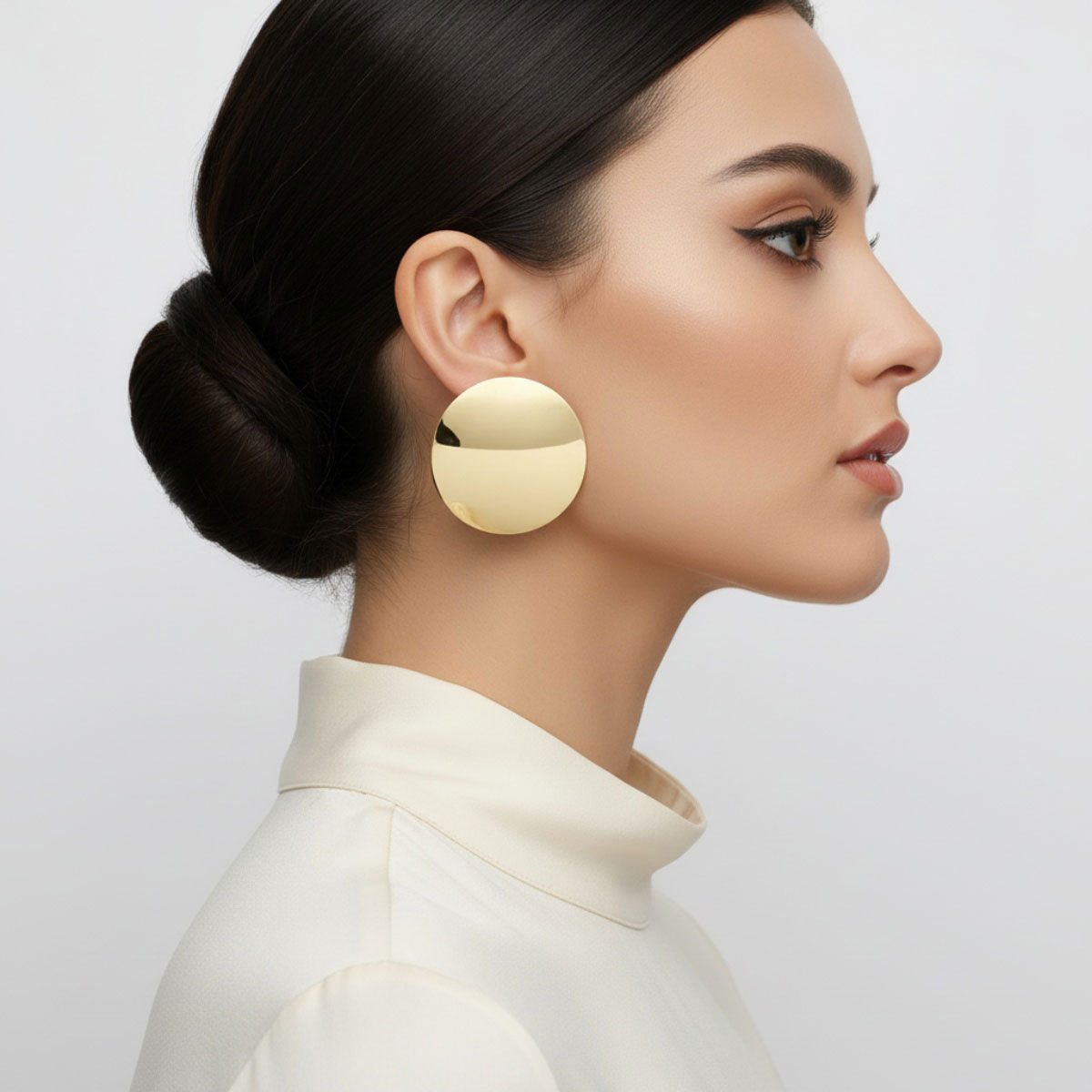 Stud 18K Gold Steel Curved Round Disc Earrings