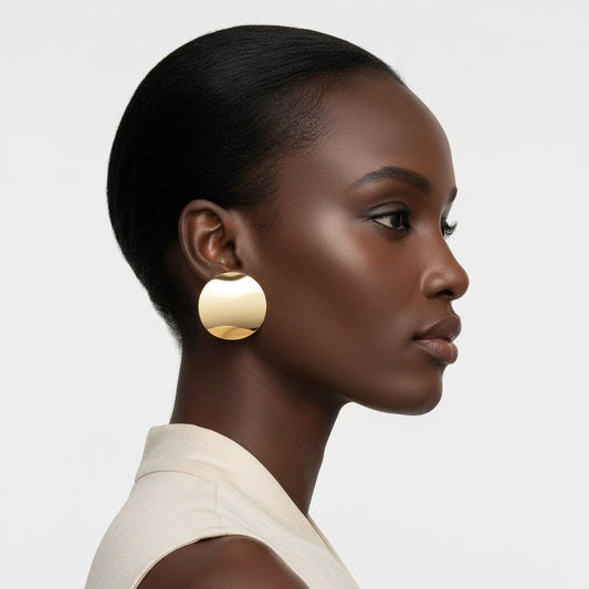 Stud 18K Gold Steel Curved Round Disc Earrings