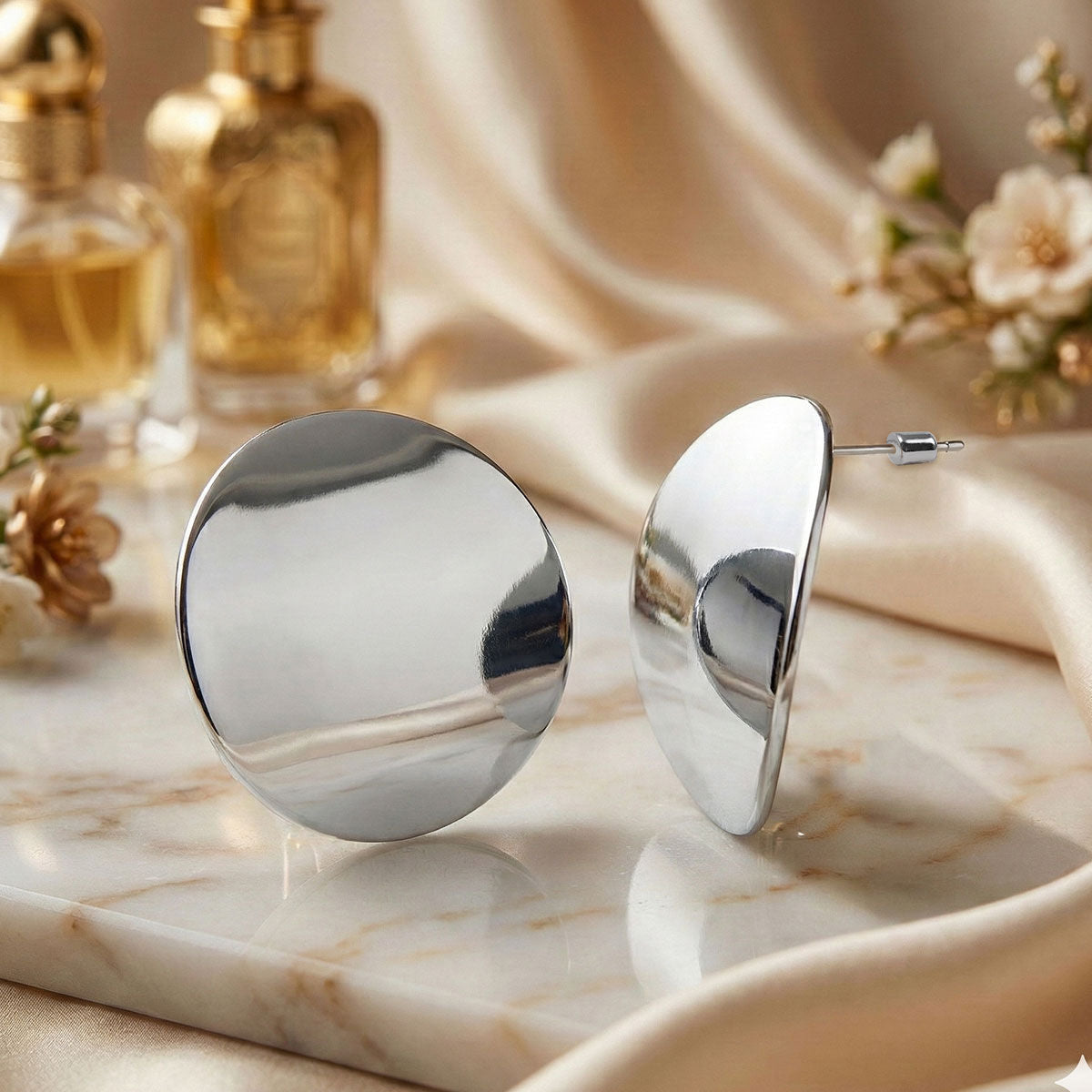 Stud Silver Steel Curved Round Disc Earrings