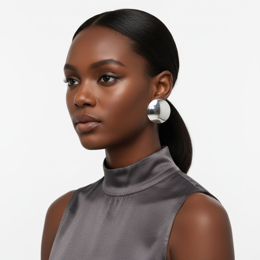 Stud Silver Steel Curved Round Disc Earrings