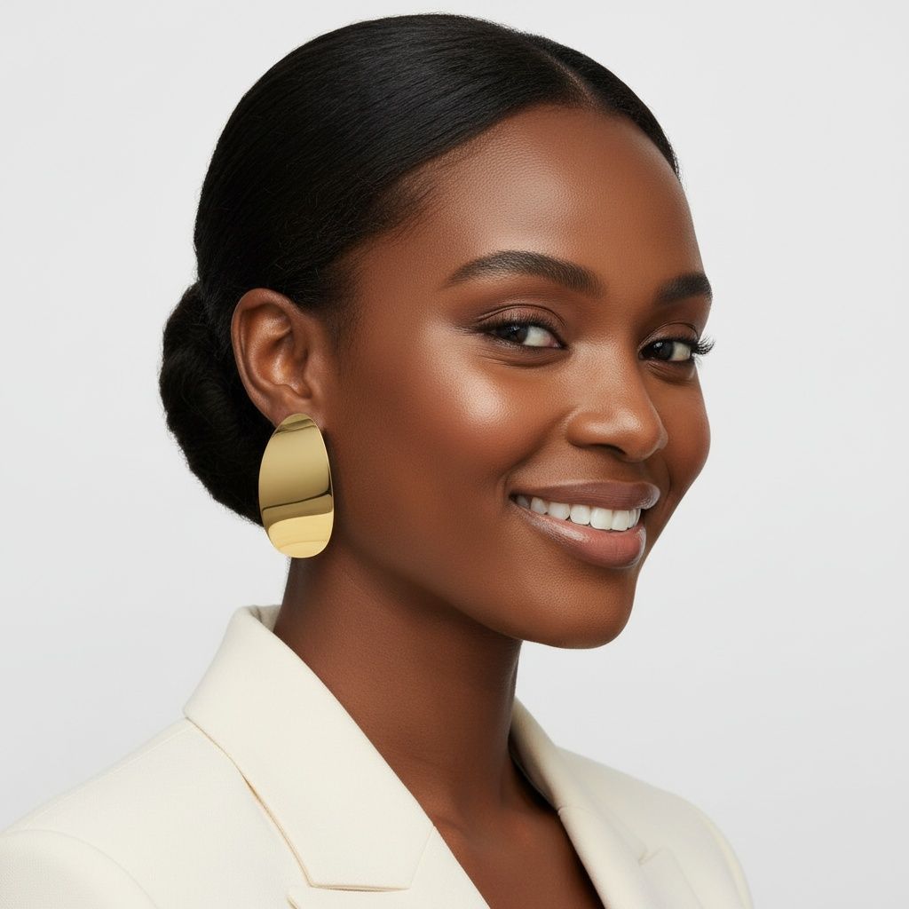 Stud 18K Gold Steel Curved Oval Disc Earrings