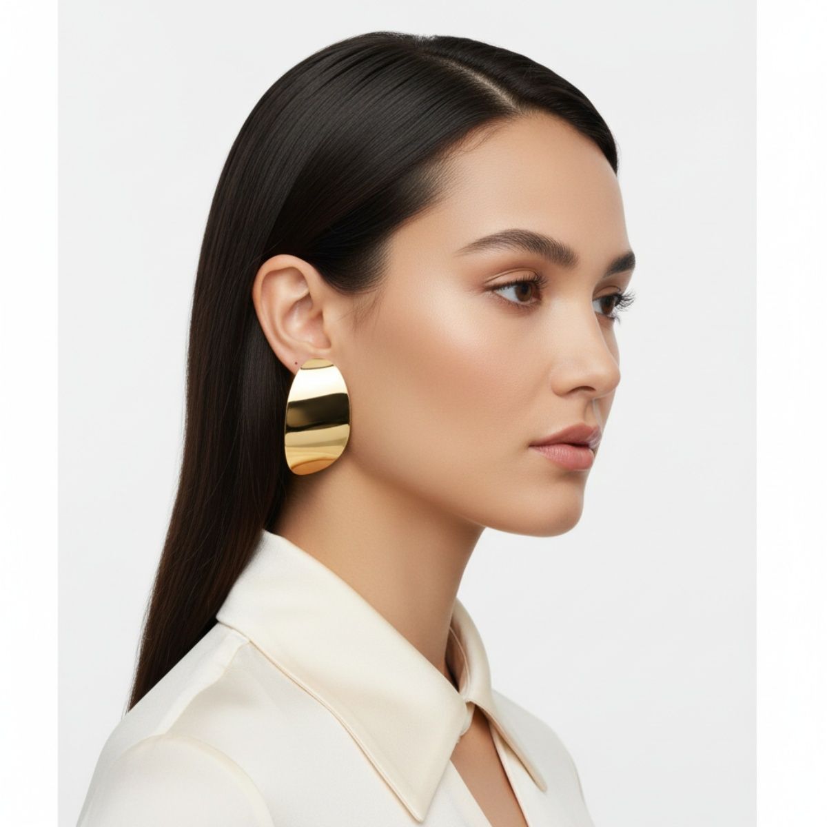 Stud 18K Gold Steel Curved Oval Disc Earrings