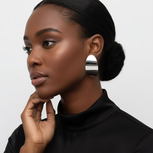 Stainless Steel Curved Oval Disc Earrings