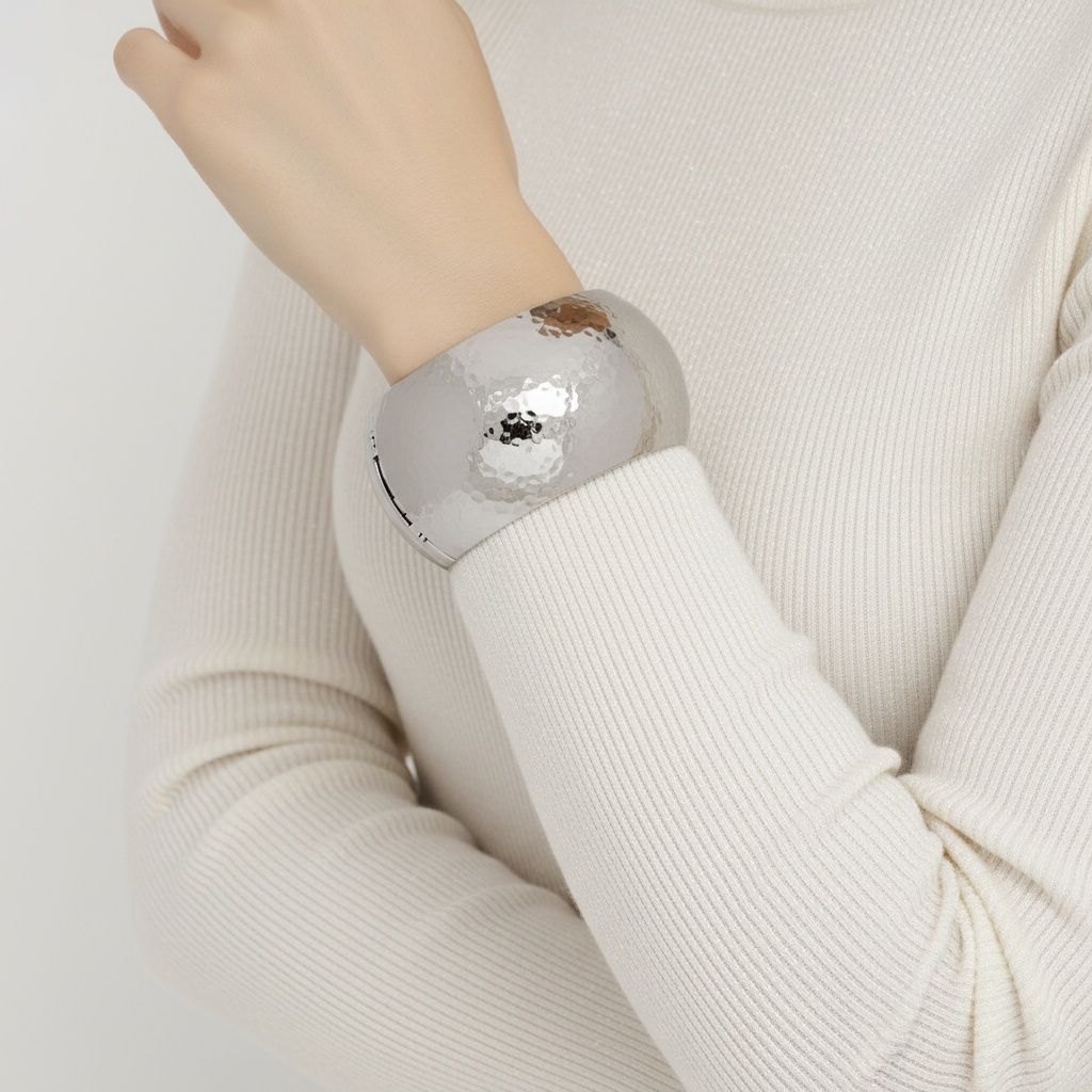 Bangle Hammered Silver Wide High Fashion Bracelet