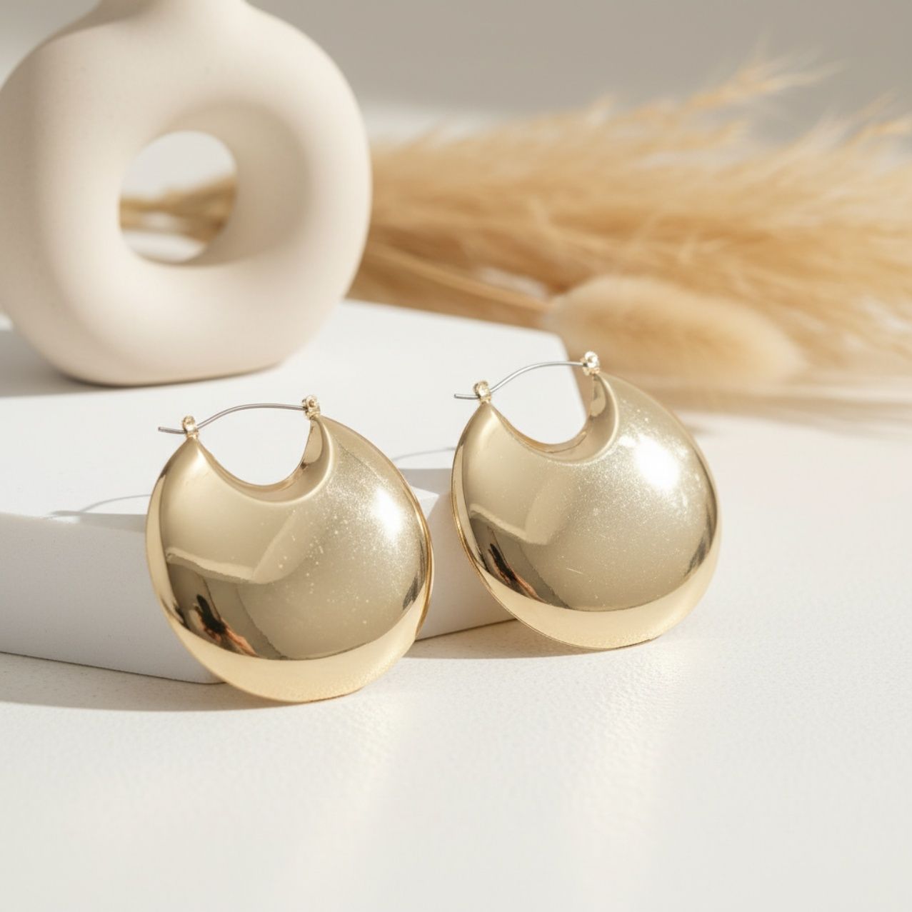 Huggie Gold Puffy Disc Crescent Hoop Earrings