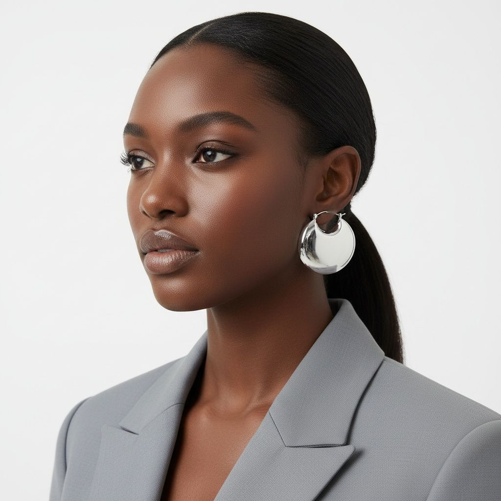 Huggie Silver Puffy Disc Crescent Hoop Earrings