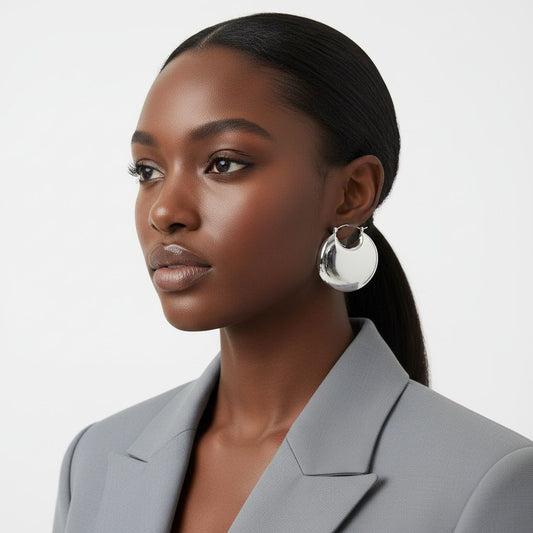 Huggie Silver Puffy Disc Crescent Hoop Earrings