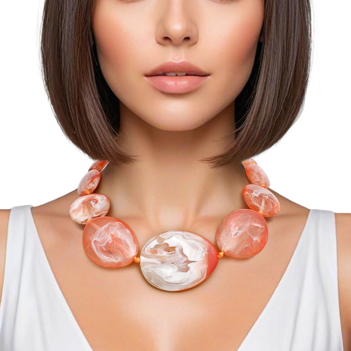 Collar Orange Marbled Chunky Oval Bead Necklace