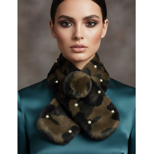 Scarf Luxe Faux Fur Camouflage and Pearl Pull Thru