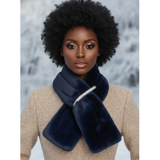 Scarf Luxe Faux Fur Navy Rhinestone Pull Thru