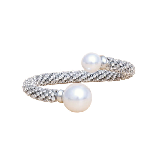 Cuff Silver Twist Rhinestone Pearl Capped Bracelet