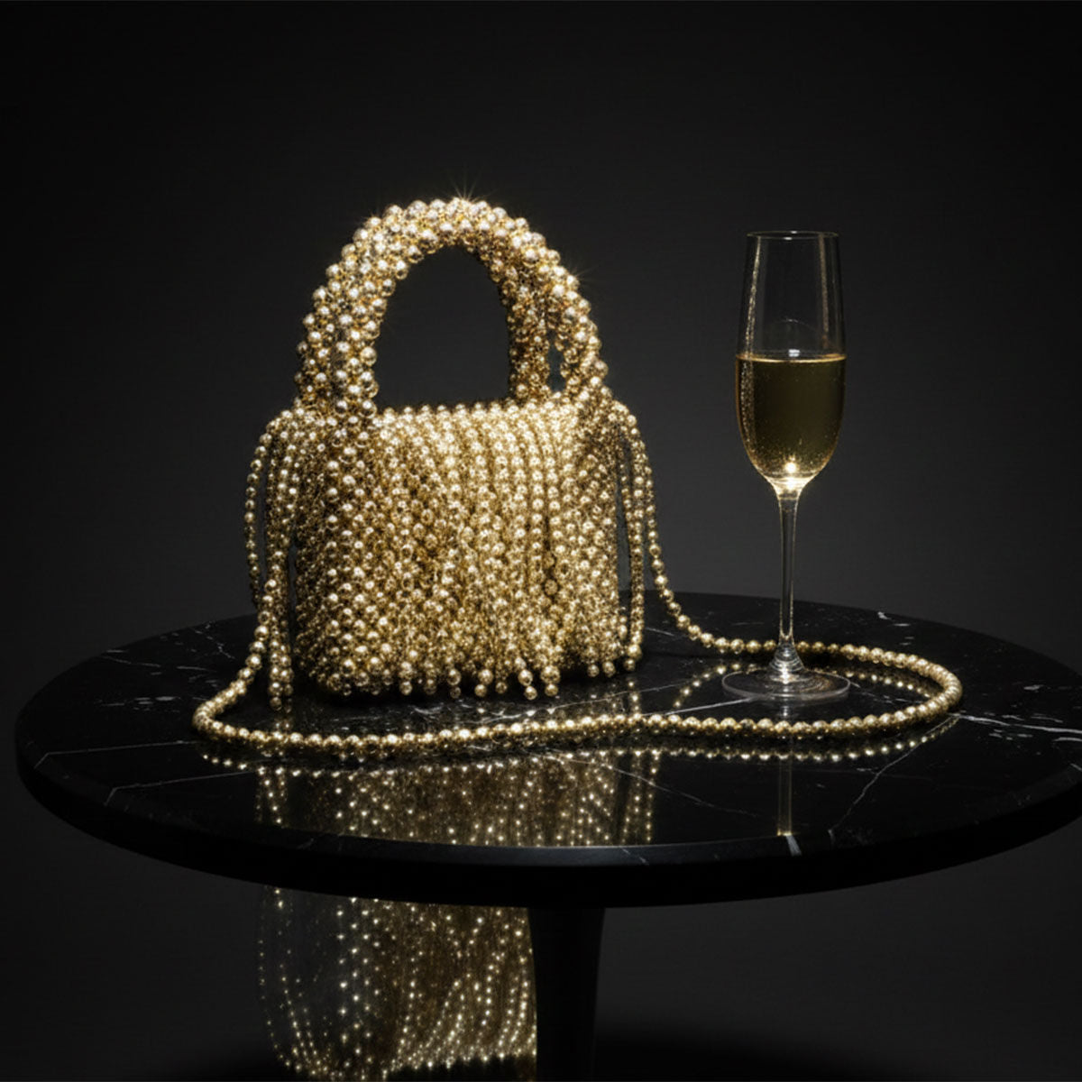 Top Handle Gold Bead Woven Mini Fringe Handbag