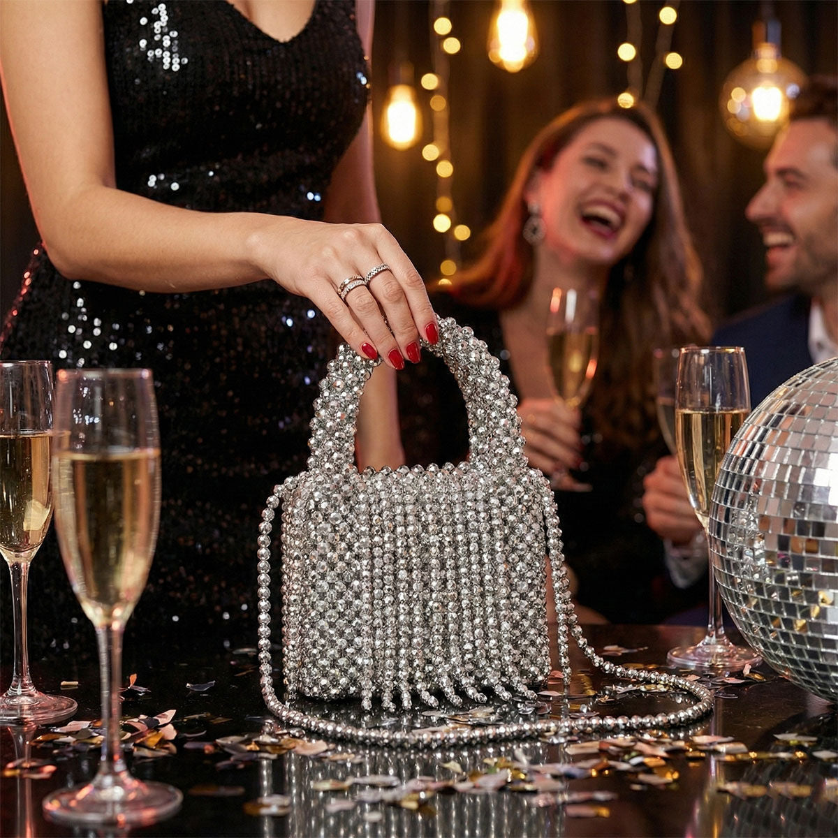 Top Handle Silver Bead Woven Mini Fringe Handbag